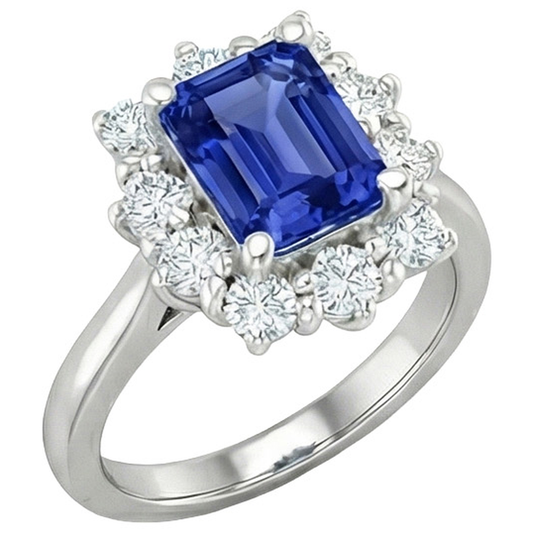 Runder Aus der Erde Abgebauter Natürlicher Diamant Halo Ring Flower Style Smaragdblauer Saphir 4,50 Karat