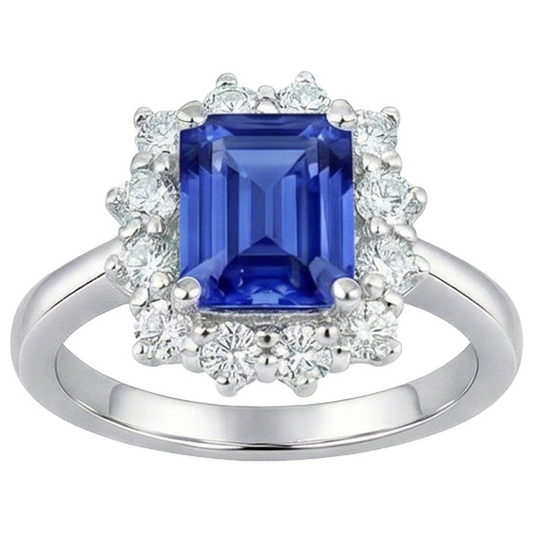 Runder Aus der Erde Abgebauter Natürlicher Diamant Halo Ring Flower Style Smaragdblauer Saphir 4,50 Karat