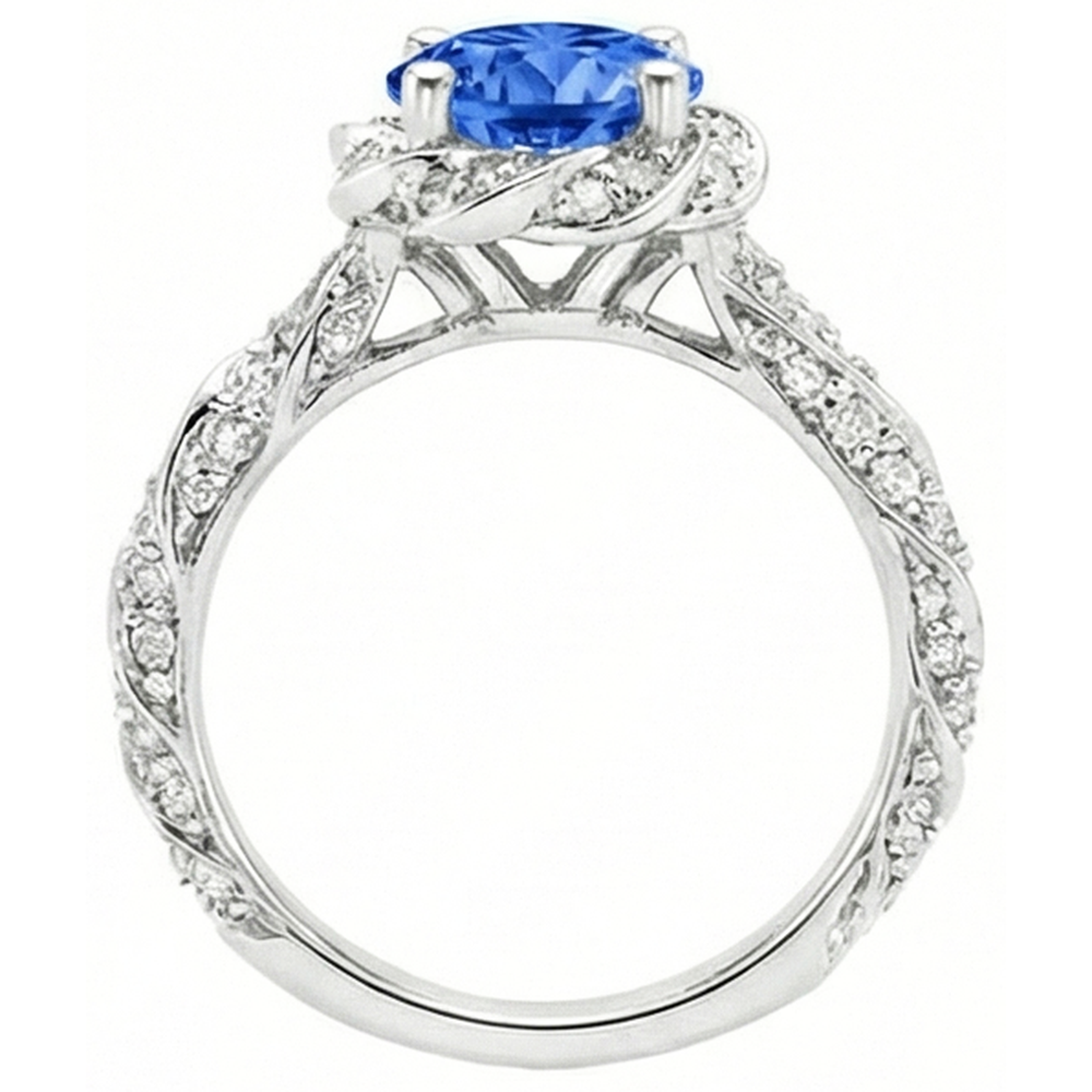 Runder Ceylon-Saphir-Edelstein-Aus der Erde Abgebauter Natürlicher Diamant-Ring Weißgold 14K 2.15 ct.
