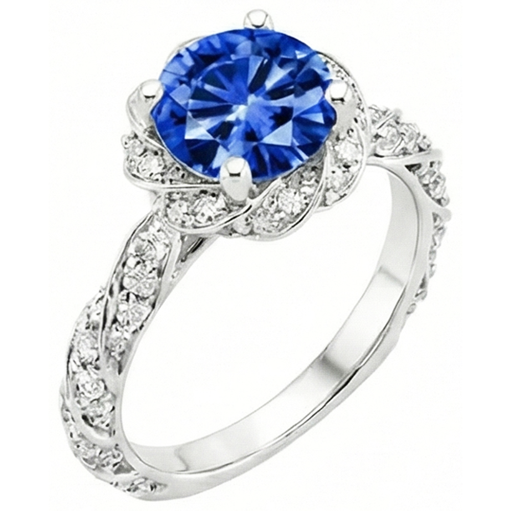 Runder Ceylon-Saphir-Edelstein-Aus der Erde Abgebauter Natürlicher Diamant-Ring Weißgold 14K 2.15 ct.