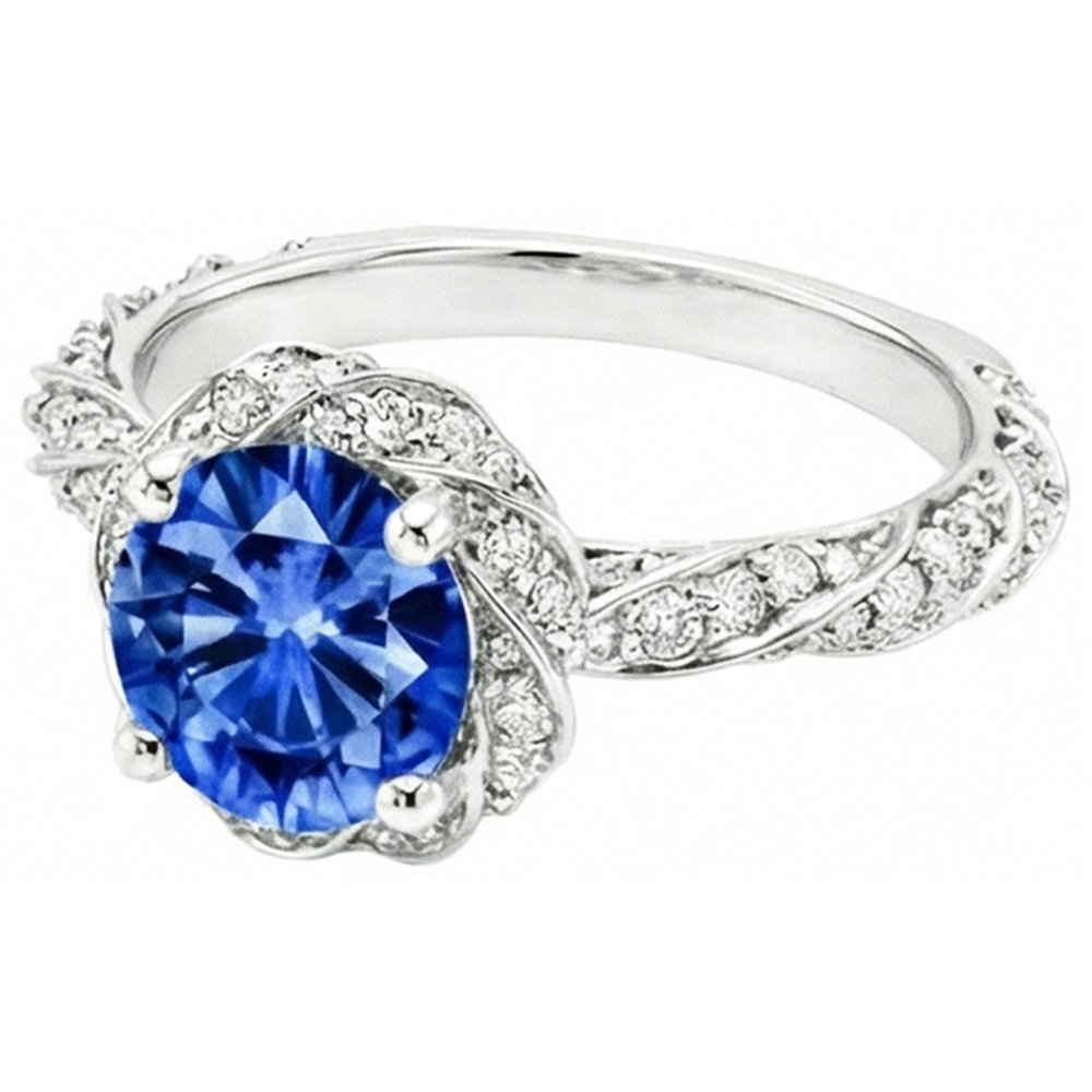 Runder Ceylon-Saphir-Edelstein-Aus der Erde Abgebauter Natürlicher Diamant-Ring Weißgold 14K 2.15 ct.
