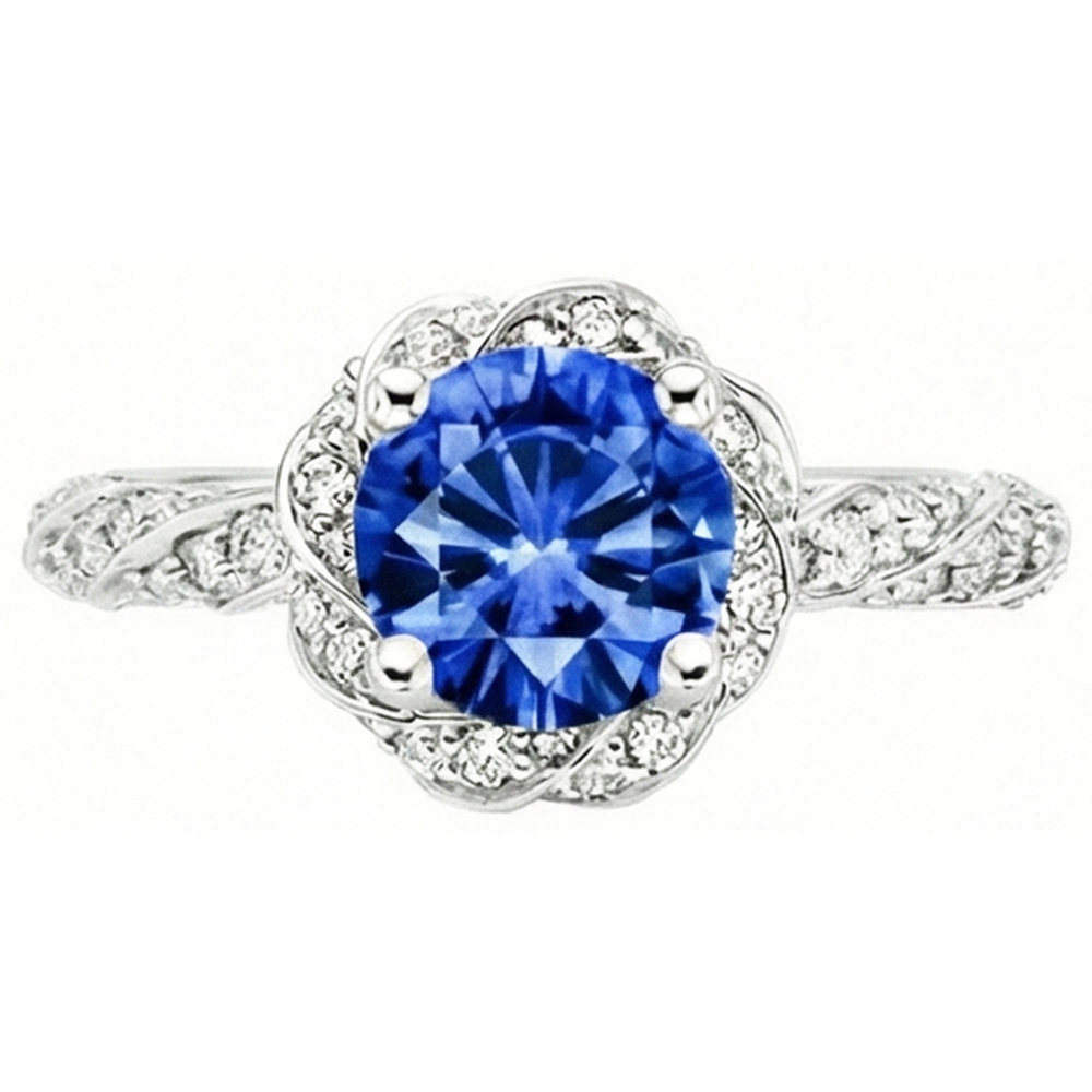 Runder Ceylon-Saphir-Edelstein-Aus der Erde Abgebauter Natürlicher Diamant-Ring Weißgold 14K 2.15 ct.