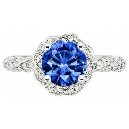 Runder Ceylon-Saphir-Edelstein-Aus der Erde Abgebauter Natürlicher Diamant-Ring Weißgold 14K 2.15 ct.