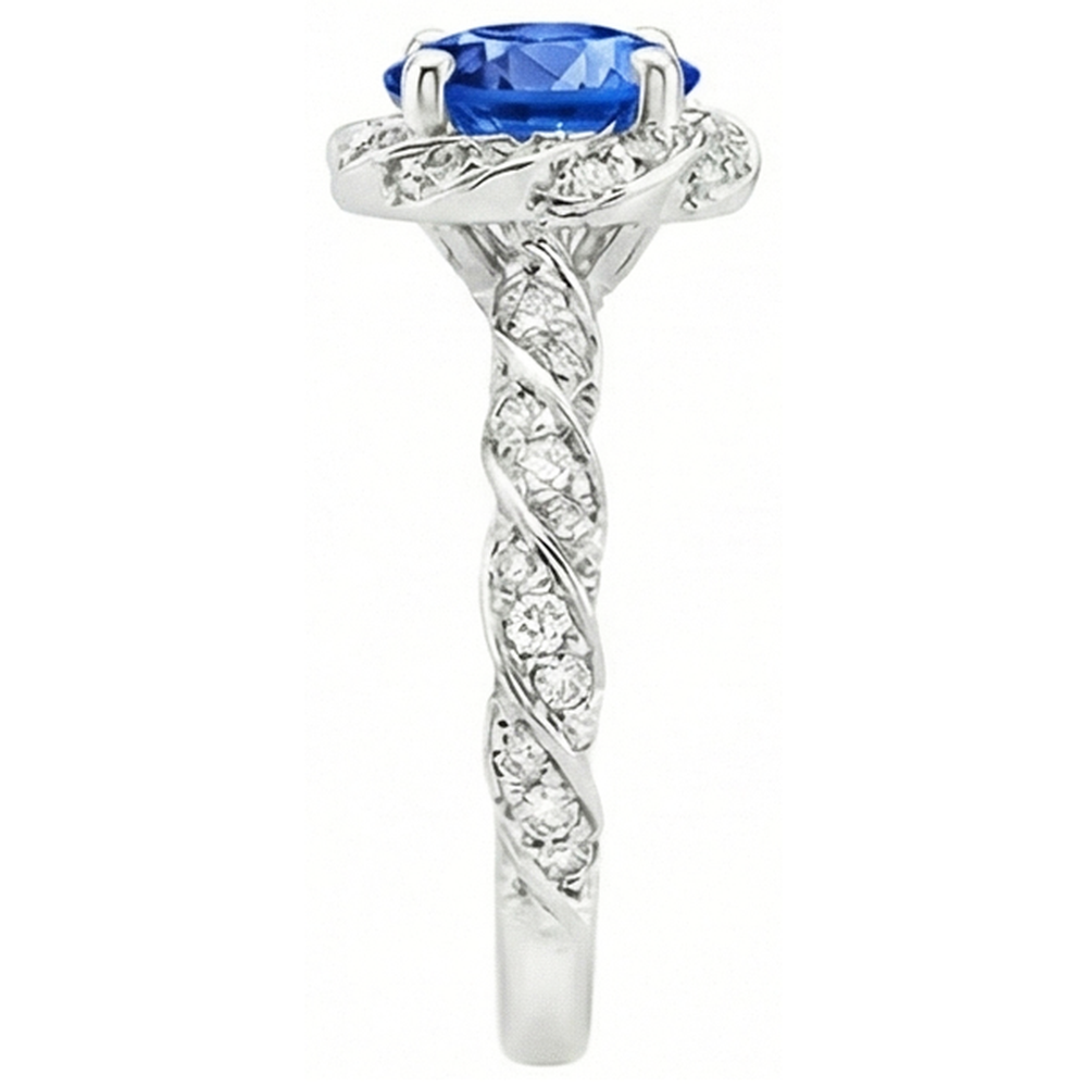 Runder Ceylon-Saphir-Edelstein-Aus der Erde Abgebauter Natürlicher Diamant-Ring Weißgold 14K 2.15 ct.