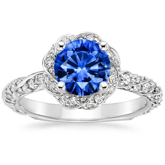 Runder Ceylon-Saphir-Edelstein-Aus der Erde Abgebauter Natürlicher Diamant-Ring Weißgold 14K 2.15 ct.
