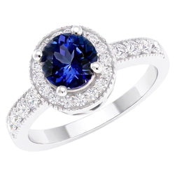 Runder Ceylon Saphir Halo Aus der Erde Abgebauter Natürlicher Diamant Ring Weißgold Schmuck 1.5 Kt.