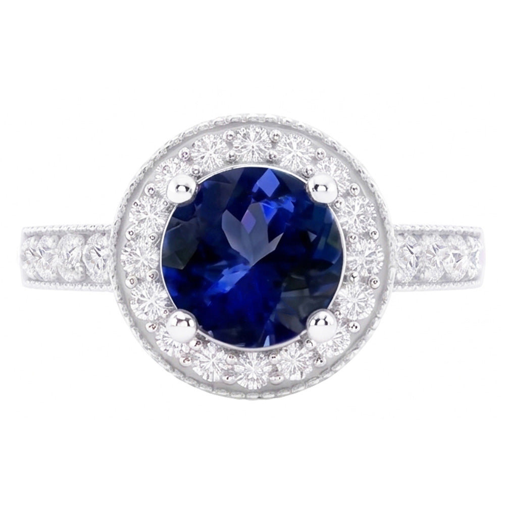 Runder Ceylon Saphir Halo Aus der Erde Abgebauter Natürlicher Diamant Ring Weißgold Schmuck 1.5 Kt.