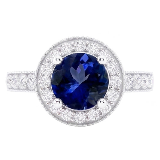 Runder Ceylon Saphir Halo Aus der Erde Abgebauter Natürlicher Diamant Ring Weißgold Schmuck 1.5 Kt.