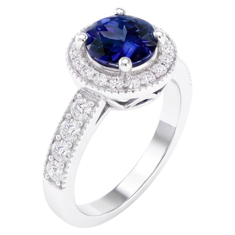 Runder Ceylon Saphir Halo Aus der Erde Abgebauter Natürlicher Diamant Ring Weißgold Schmuck 1.5 Kt.