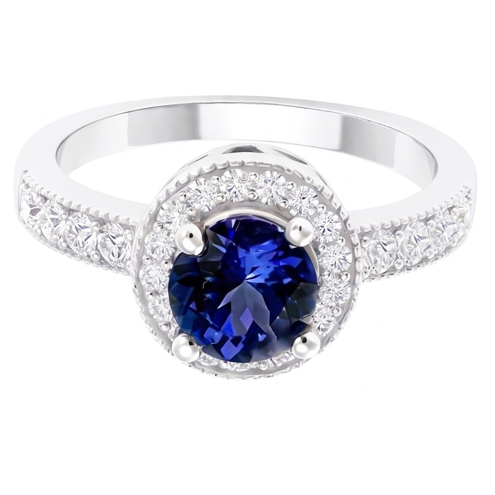 Runder Ceylon Saphir Halo Aus der Erde Abgebauter Natürlicher Diamant Ring Weißgold Schmuck 1.5 Kt.