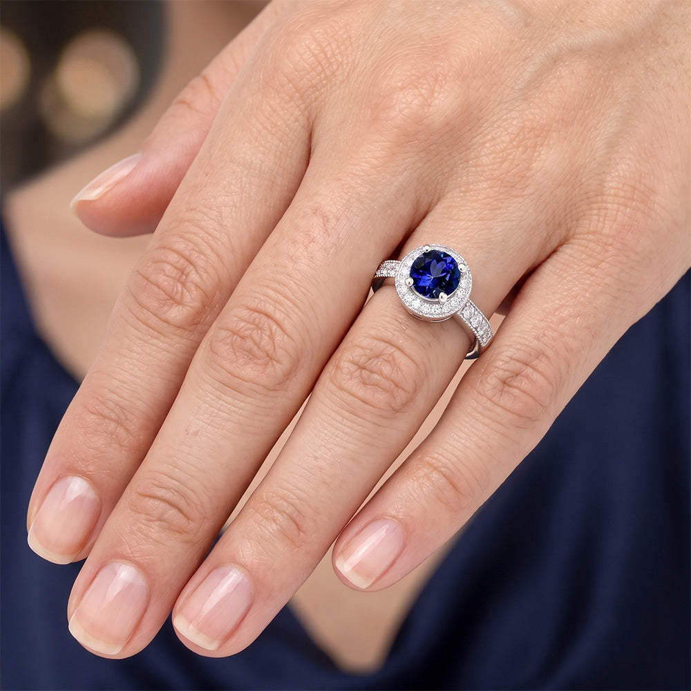 Runder Ceylon Saphir Halo Aus der Erde Abgebauter Natürlicher Diamant Ring Weißgold Schmuck 1.5 Kt.