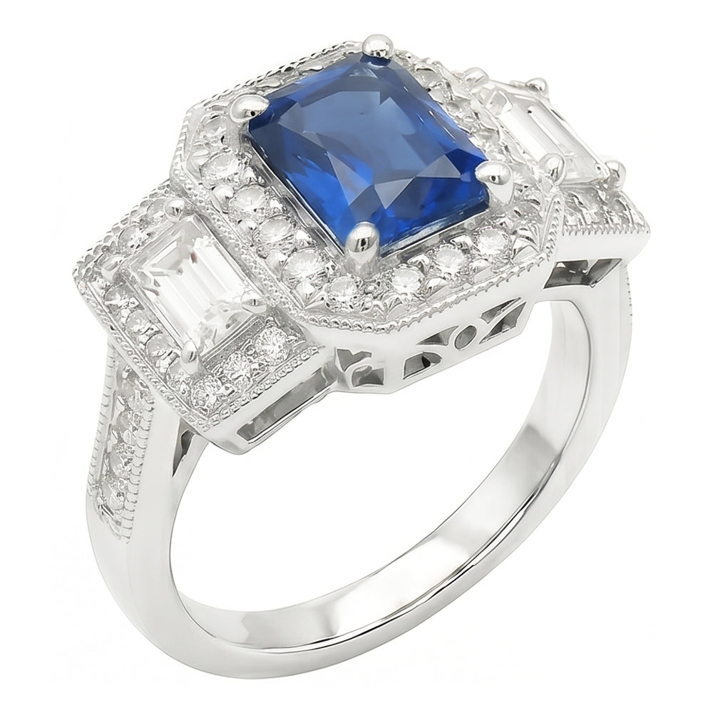 Runder Halo Natürlicher Diamant ( nicht im Labor gezüchtet ) Smaragd Ring Blauer Saphir Antiker Stil 3 Karat
