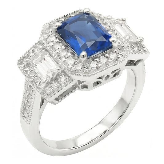 Runder Halo Natürlicher Diamant ( nicht im Labor gezüchtet ) Smaragd Ring Blauer Saphir Antiker Stil 3 Karat