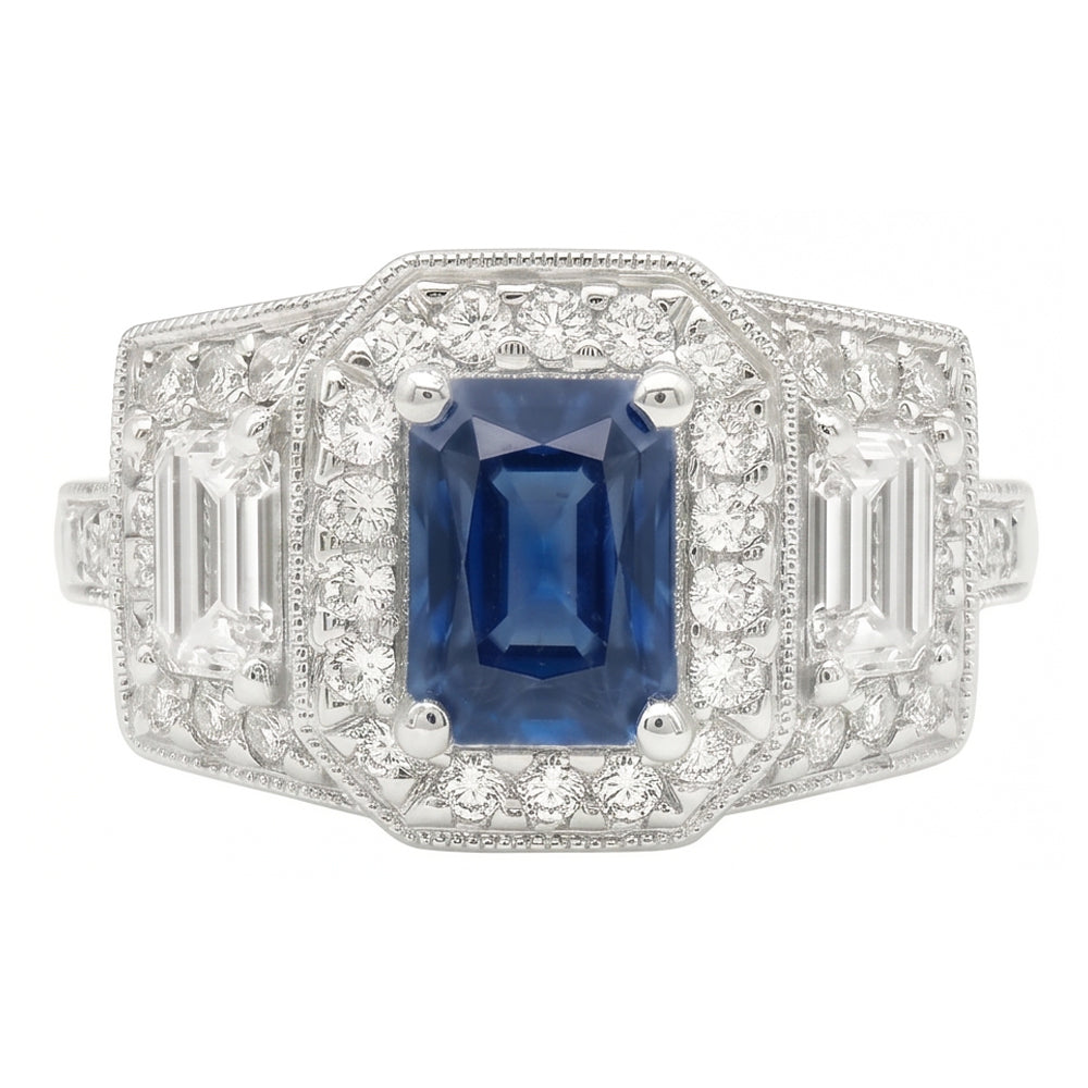 Runder Halo Natürlicher Diamant ( nicht im Labor gezüchtet ) Smaragd Ring Blauer Saphir Antiker Stil 3 Karat
