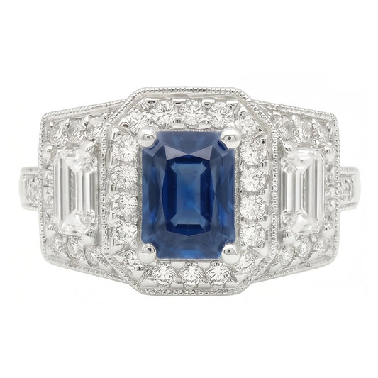 Runder Halo Natürlicher Diamant ( nicht im Labor gezüchtet ) Smaragd Ring Blauer Saphir Antiker Stil 3 Karat