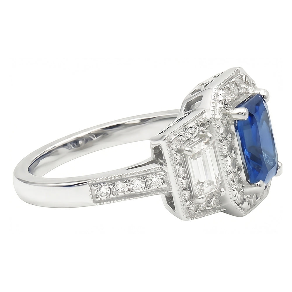 Runder Halo Natürlicher Diamant ( nicht im Labor gezüchtet ) Smaragd Ring Blauer Saphir Antiker Stil 3 Karat