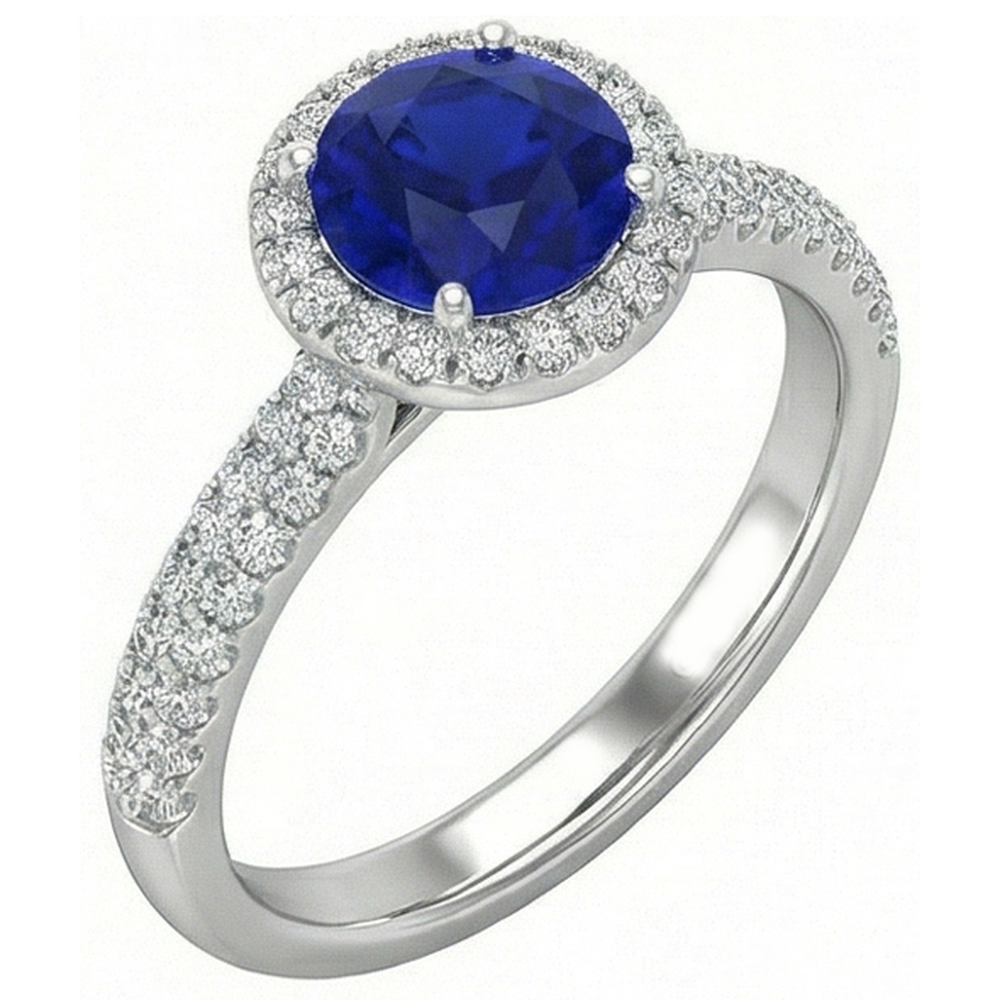 Runder Halo Ring Ceylon Saphir 3 Karat Mehrreihig Pave Set Natürlicher Diamant ( nicht im Labor gezüchtet )en