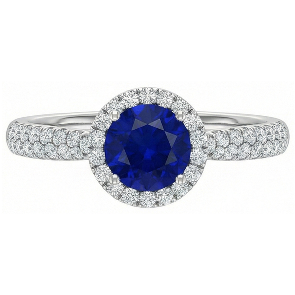 Runder Halo Ring Ceylon Saphir 3 Karat Mehrreihig Pave Set Natürlicher Diamant ( nicht im Labor gezüchtet )en