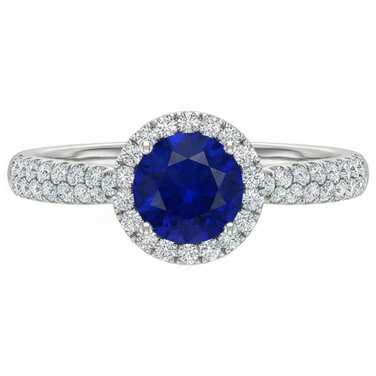 Runder Halo Ring Ceylon Saphir 3 Karat Mehrreihig Pave Set Natürlicher Diamant ( nicht im Labor gezüchtet )en
