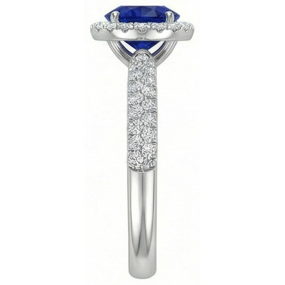 Runder Halo Ring Ceylon Saphir 3 Karat Mehrreihig Pave Set Natürlicher Diamant ( nicht im Labor gezüchtet )en