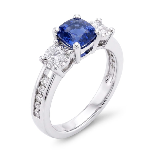Runder Natürlicher Diamant ( nicht im Labor gezüchtet ) Kissen Saphir Edelstein Ring 2 Karat 3 Stein Stil