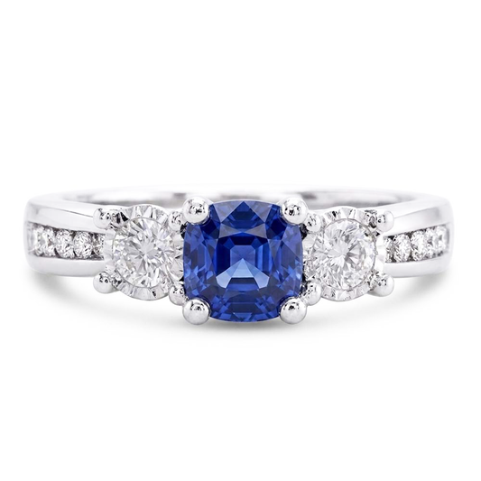 Runder Natürlicher Diamant ( nicht im Labor gezüchtet ) Kissen Saphir Edelstein Ring 2 Karat 3 Stein Stil