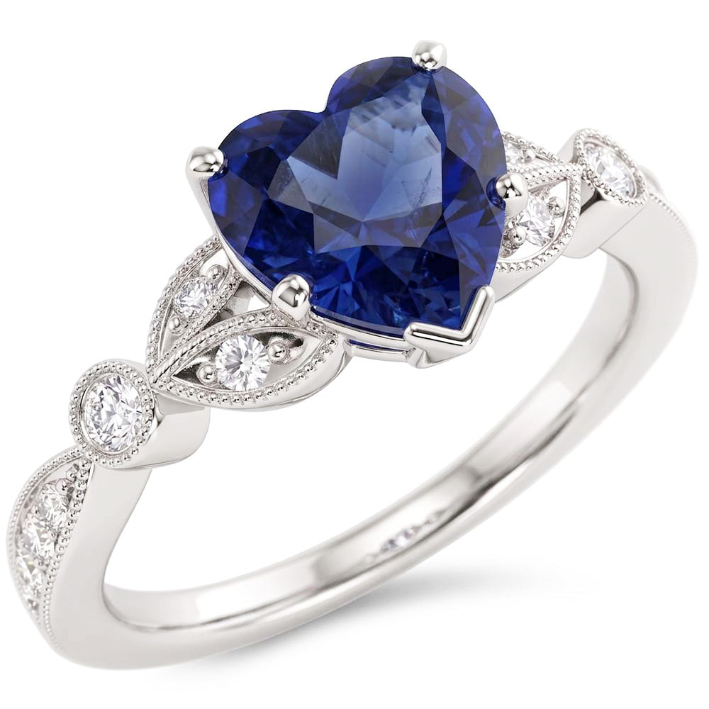 Runder Natürlicher Diamant ( nicht im Labor gezüchtet )-Tiefblauer Saphir-Ring 3 Karat Blatt-Stil Milgrain