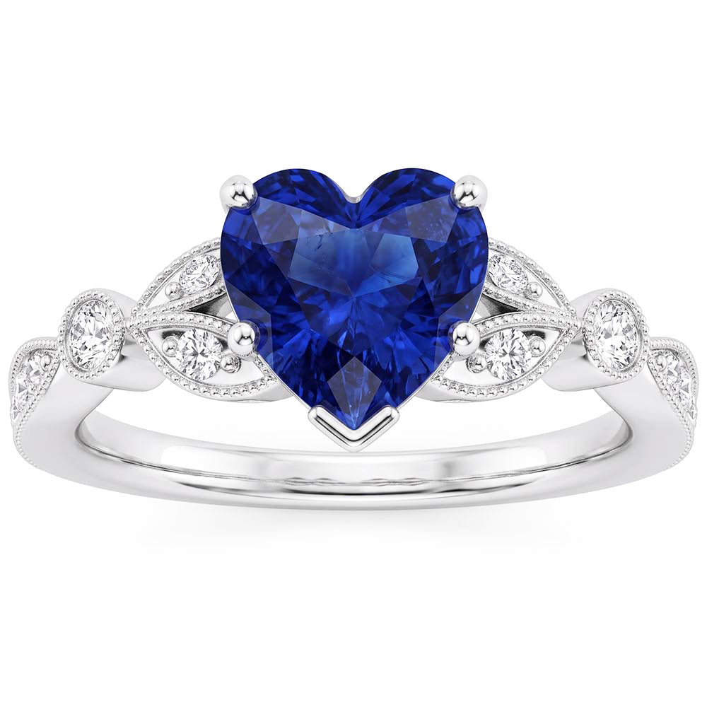 Runder Natürlicher Diamant ( nicht im Labor gezüchtet )-Tiefblauer Saphir-Ring 3 Karat Blatt-Stil Milgrain