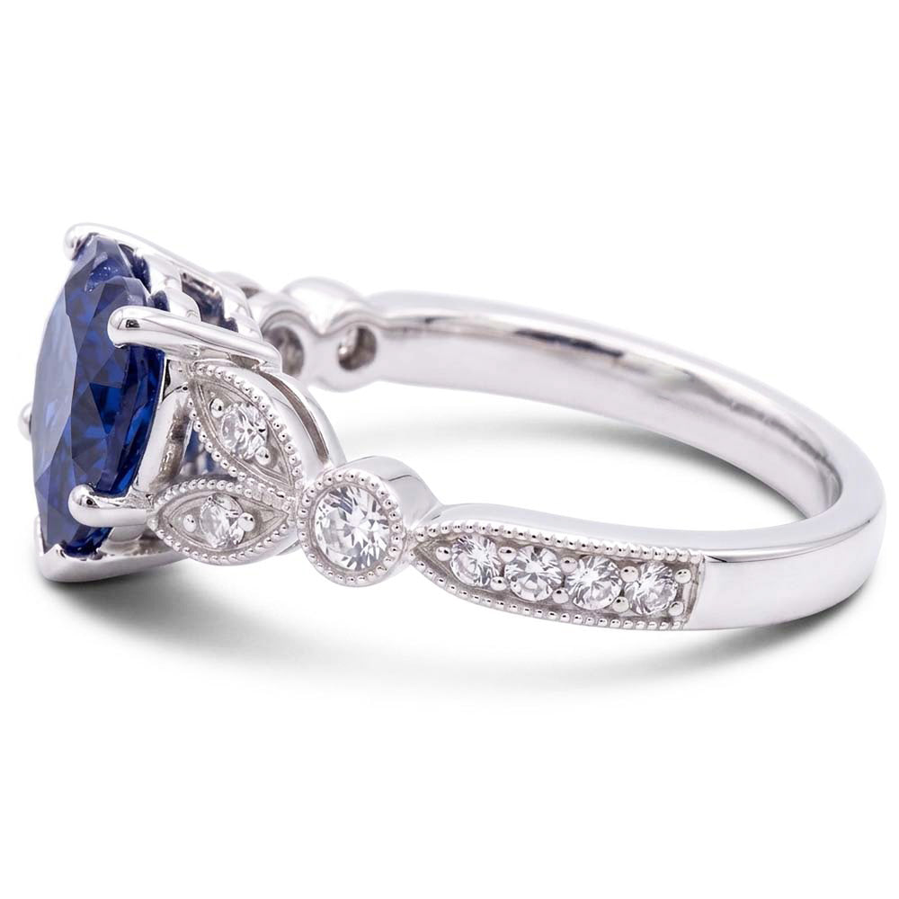 Runder Natürlicher Diamant ( nicht im Labor gezüchtet )-Tiefblauer Saphir-Ring 3 Karat Blatt-Stil Milgrain