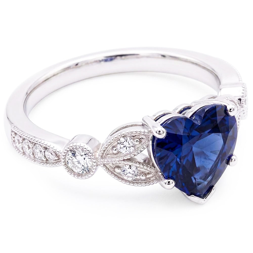 Runder Natürlicher Diamant ( nicht im Labor gezüchtet )-Tiefblauer Saphir-Ring 3 Karat Blatt-Stil Milgrain