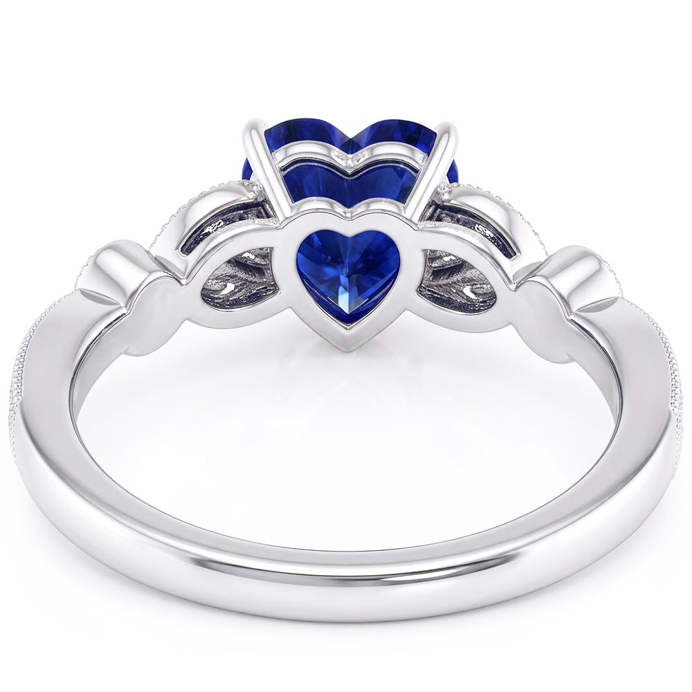 Runder Natürlicher Diamant ( nicht im Labor gezüchtet )-Tiefblauer Saphir-Ring 3 Karat Blatt-Stil Milgrain