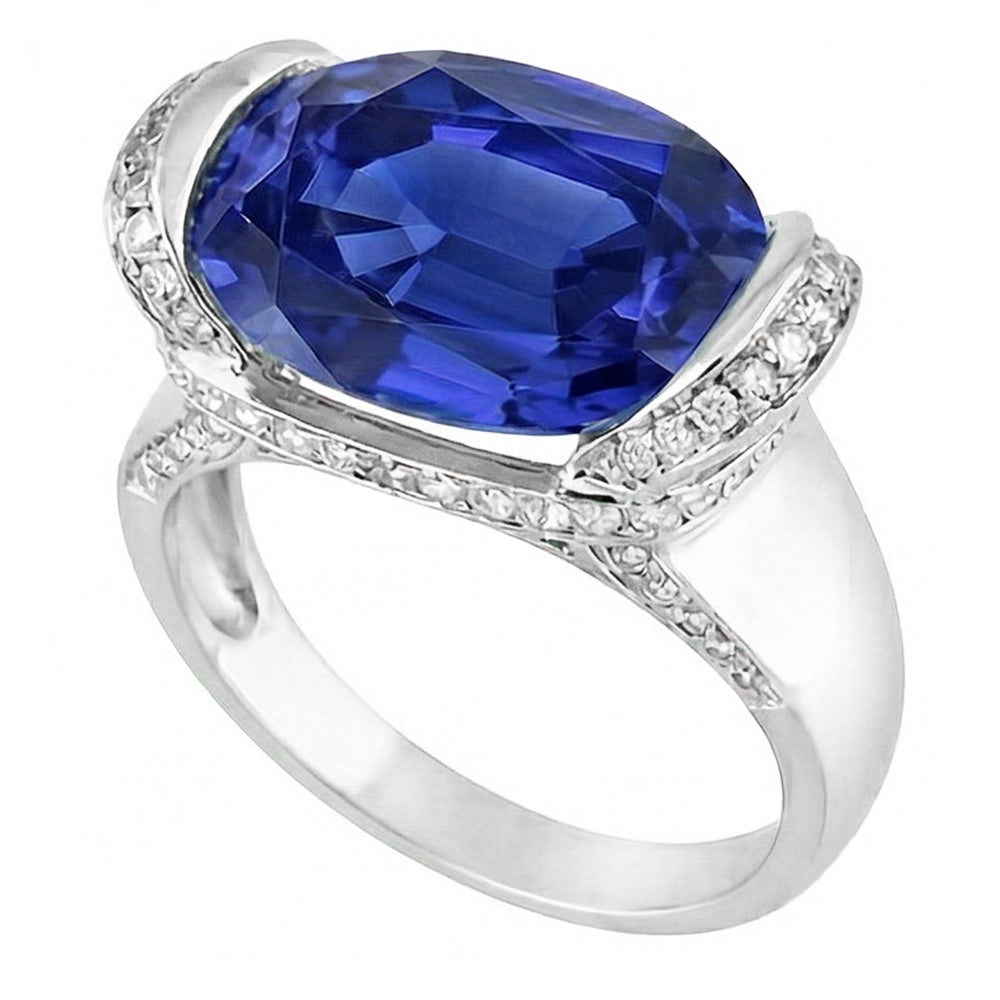 Runder Natürlicher Diamant ( nicht im Labor gezüchtet ) & Ovalschliff Blauer Saphir Ring Stabfassung 4,50 Karat
