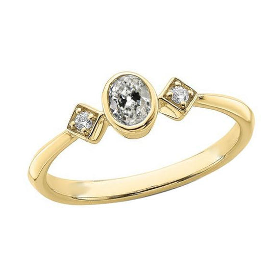 Runder & Ovaler Altschliff-Echt Diamant-Ring mit 3 Steinen. Lünette 1.50 Karat