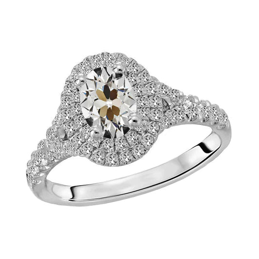 Runder & Ovaler Echt Diamant Halo-Ring mit altem Minenschliff. 5 Karat Weißgold