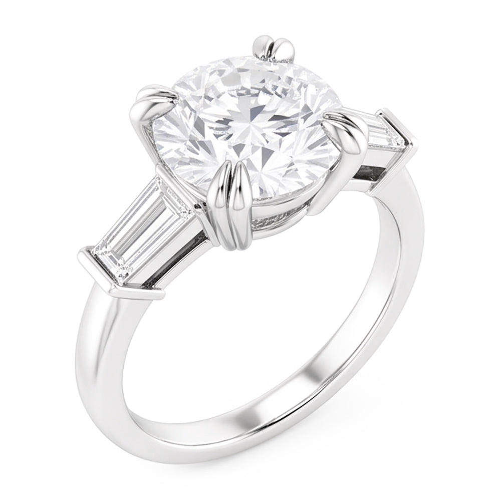 Runder Ring mit Baguette-Echt Aus der Erde Abgebauter Natürlicher Diamant 3 Steine Weißgold 2,30 Karat