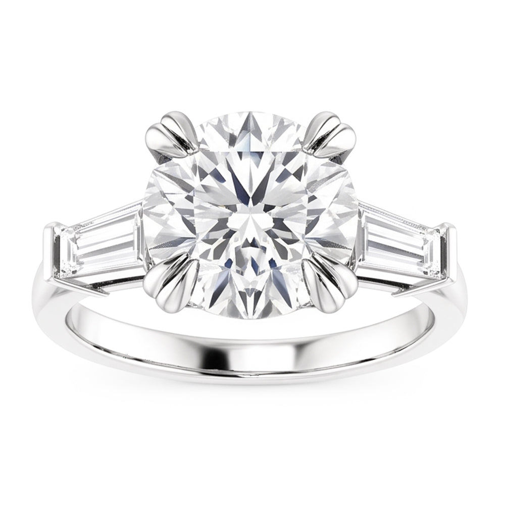 Runder Ring mit Baguette-Echt Aus der Erde Abgebauter Natürlicher Diamant 3 Steine Weißgold 2,30 Karat