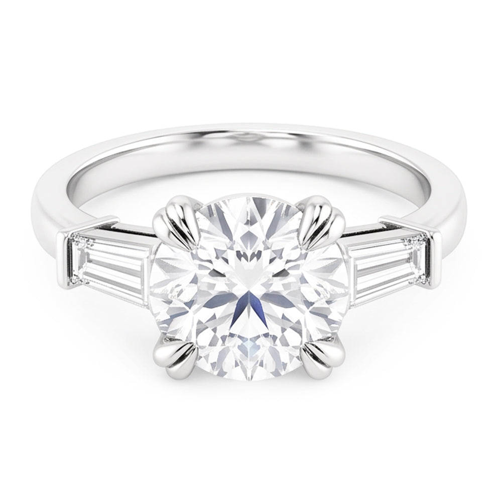Runder Ring mit Baguette-Echt Aus der Erde Abgebauter Natürlicher Diamant 3 Steine Weißgold 2,30 Karat