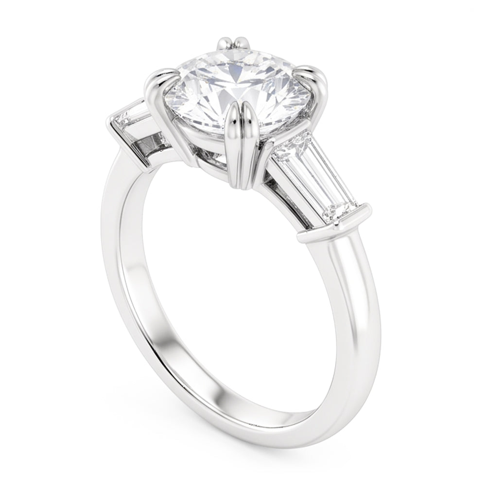 Runder Ring mit Baguette-Echt Aus der Erde Abgebauter Natürlicher Diamant 3 Steine Weißgold 2,30 Karat