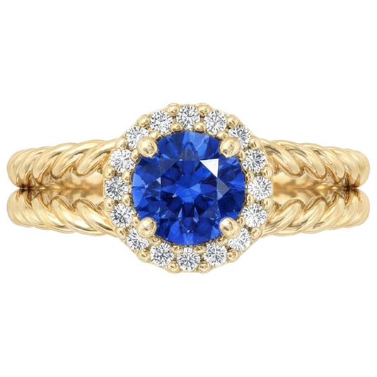 Runder Saphir-Aus der Erde Abgebauter Natürlicher Diamant-Fancy-Ring 2 Karat Gelbgold 14K
