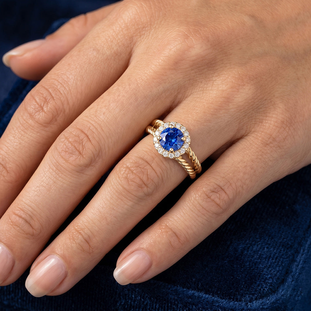 Runder Saphir-Aus der Erde Abgebauter Natürlicher Diamant-Fancy-Ring 2 Karat Gelbgold 14K