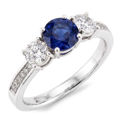 Runder Saphir & Aus der Erde Abgebauter Natürlicher Diamant Ring Weißgold 2,50 Karat 3 Steine Stil