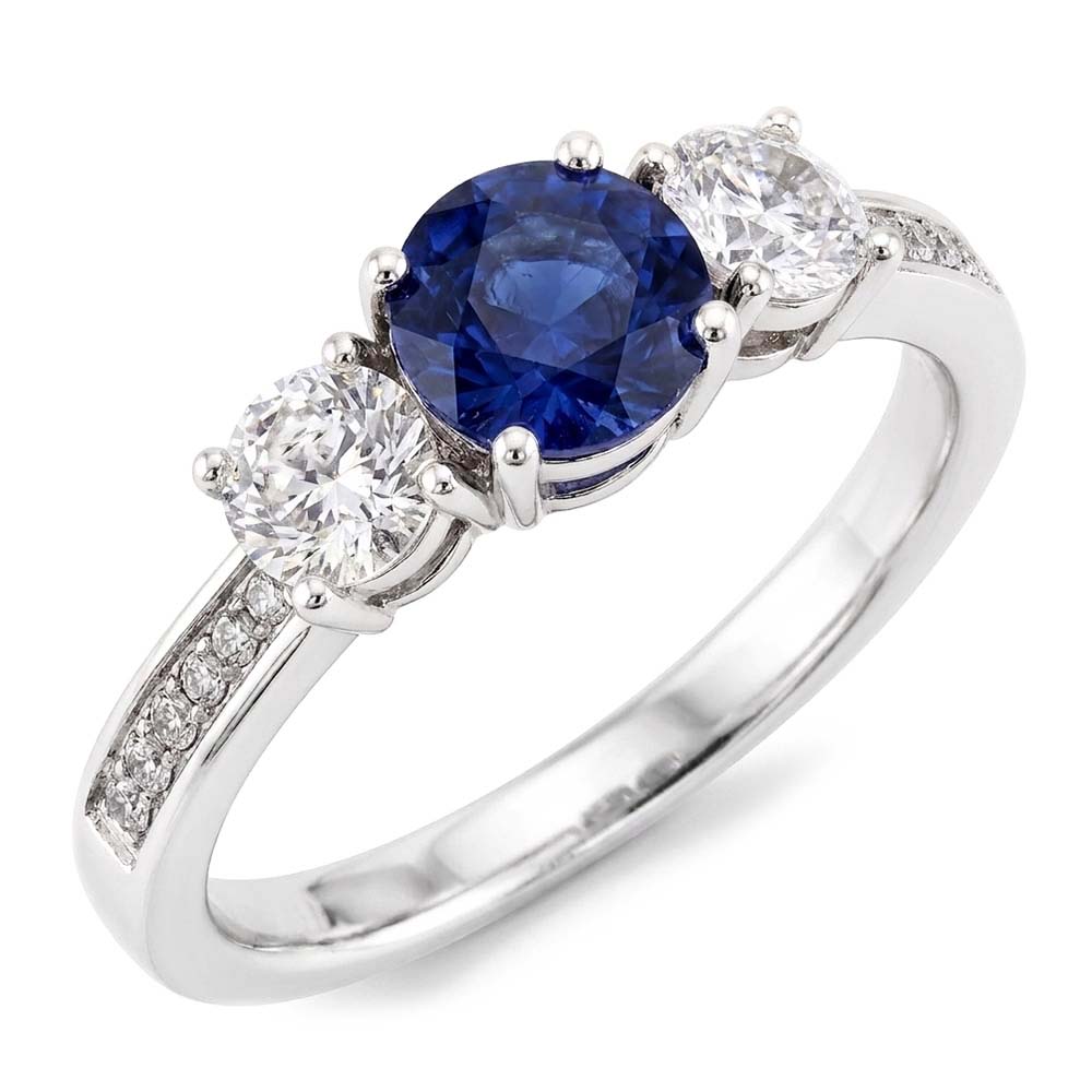 Runder Saphir & Aus der Erde Abgebauter Natürlicher Diamant Ring Weißgold 2,50 Karat 3 Steine Stil