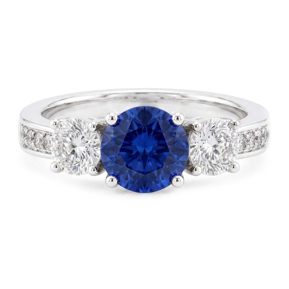 Runder Saphir & Aus der Erde Abgebauter Natürlicher Diamant Ring Weißgold 2,50 Karat 3 Steine Stil