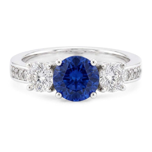 Runder Saphir & Aus der Erde Abgebauter Natürlicher Diamant Ring Weißgold 2,50 Karat 3 Steine Stil