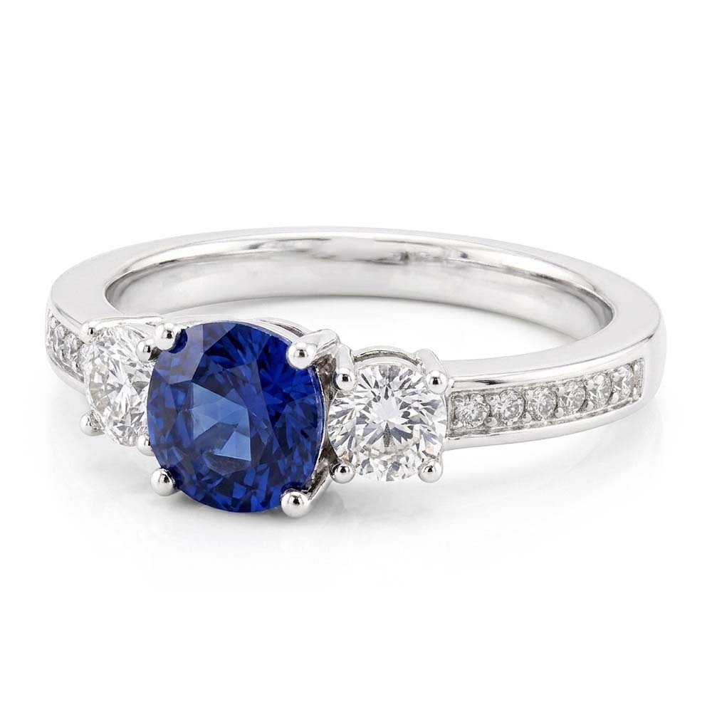 Runder Saphir & Aus der Erde Abgebauter Natürlicher Diamant Ring Weißgold 2,50 Karat 3 Steine Stil