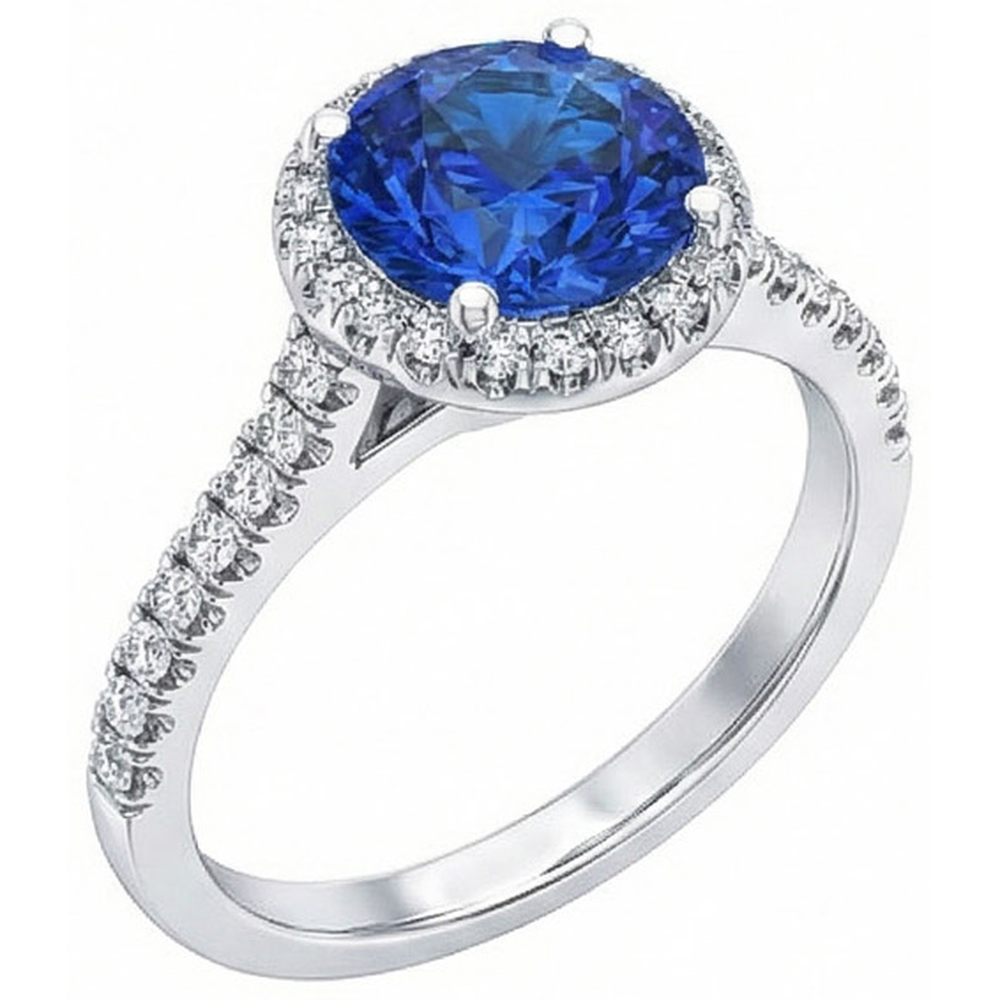 Runder Sri Lanka Blauer Saphir Halo Aus der Erde Abgebauter Natürlicher Diamantring 2,20 Karat Gold 14K