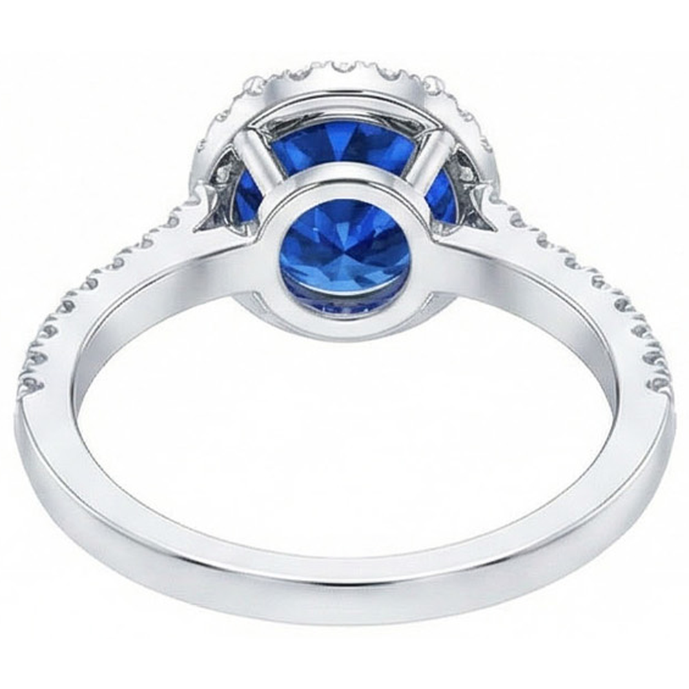 Runder Sri Lanka Blauer Saphir Halo Aus der Erde Abgebauter Natürlicher Diamantring 2,20 Karat Gold 14K