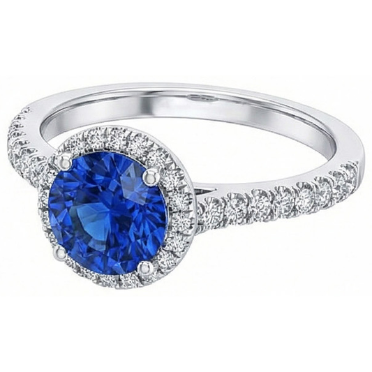 Runder Sri Lanka Blauer Saphir Halo Aus der Erde Abgebauter Natürlicher Diamantring 2,20 Karat Gold 14K