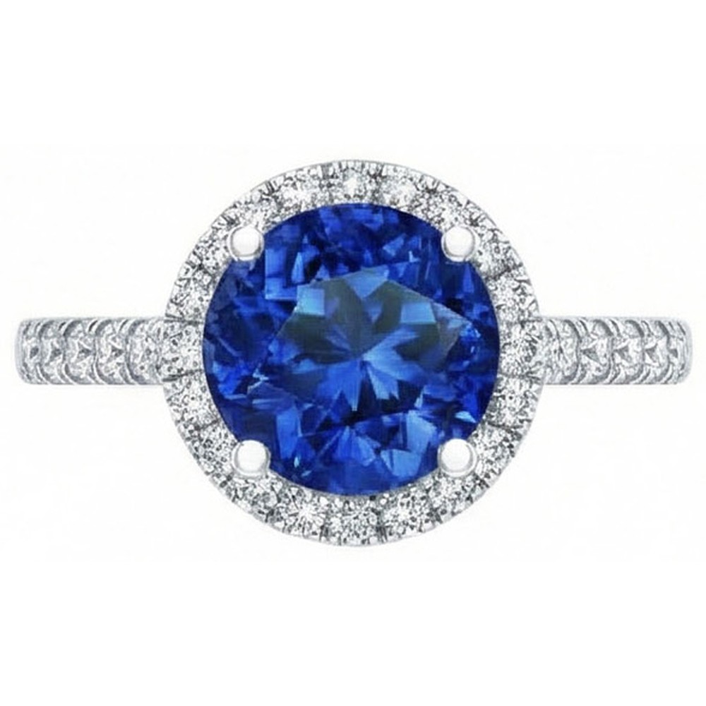 Runder Sri Lanka Blauer Saphir Halo Aus der Erde Abgebauter Natürlicher Diamantring 2,20 Karat Gold 14K