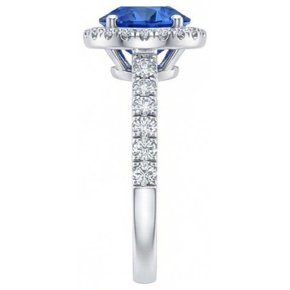 Runder Sri Lanka Blauer Saphir Halo Aus der Erde Abgebauter Natürlicher Diamantring 2,20 Karat Gold 14K